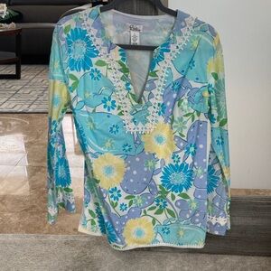 Lilly Pulitzer Aqua, Blue & Yellow Floral Lace-Trim V-Neck Tunic
